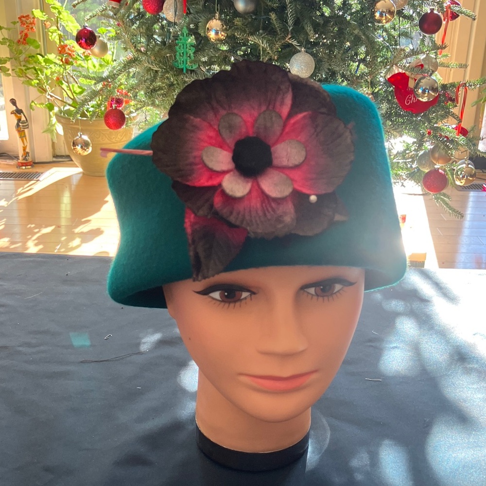 Elegant Teal Wool Hat with Floral Accent